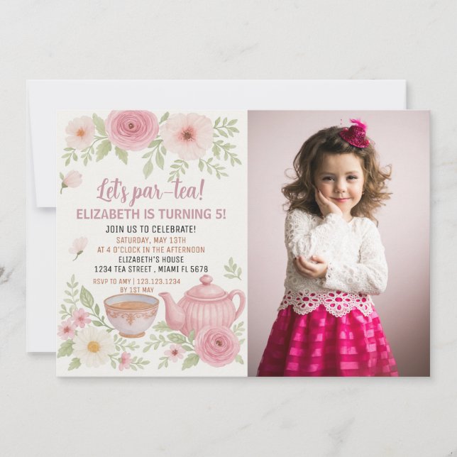 Tea Party-inbjudan med Blommigt och Tekopp Design Inbjudningar (Framsida)
