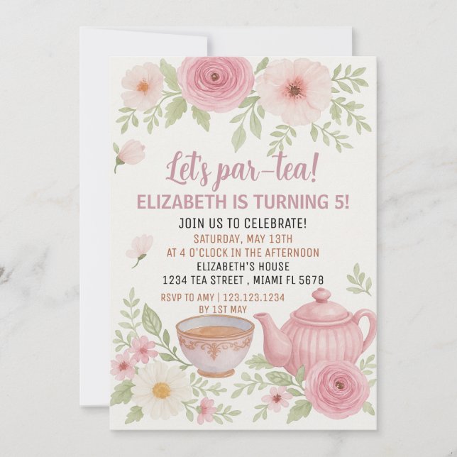 Tea Party-inbjudan med Blommigt och Tekopp Design Inbjudningar (Framsida)