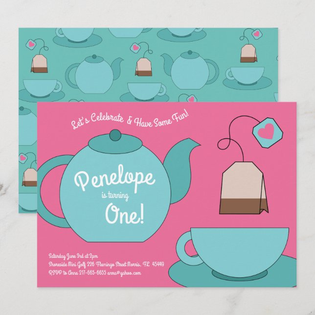 Tea Party Kids 1-årsdag Inbjudningar (Fram/baksida)