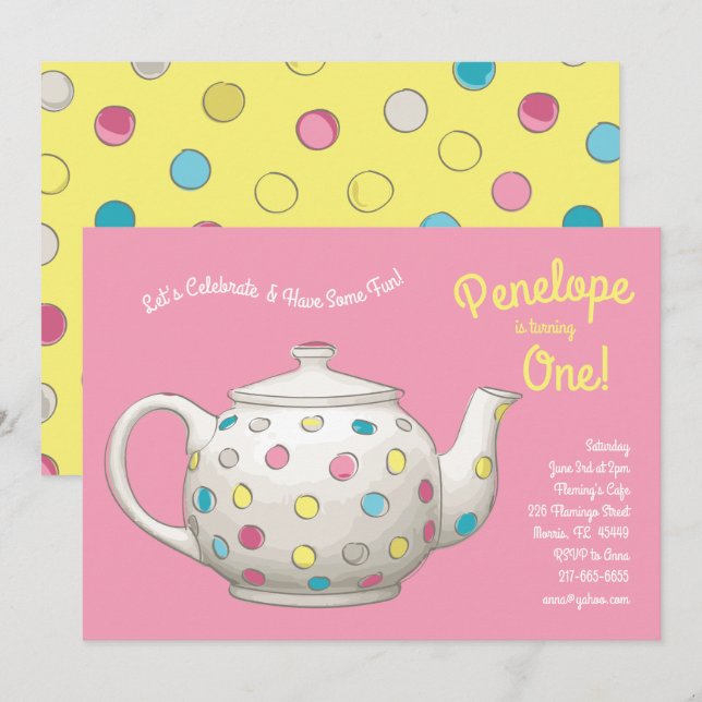 Tea Party Kids 1st Birthday Polka Dot Inbjudningar (Fram/baksida)