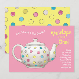 Tea Party Kids 1st Birthday Polka Dot Inbjudningar