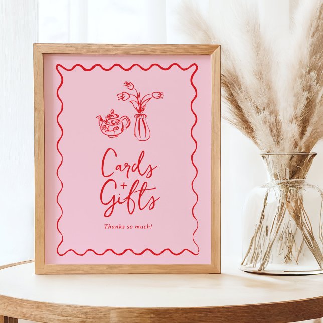 Tea Party-kort & present-skylt med fantasifull ski Poster (cards and gifts table sign in pink with hand drawn doodle tea pot and vase)