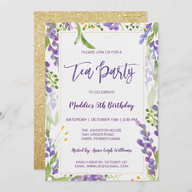 Tea Party Lavender Blommigt & Guld Birthday Girl Inbjudningar (Fram/baksida)