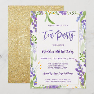 Tea Party Lavender Blommigt & Guld Birthday Girl Inbjudningar