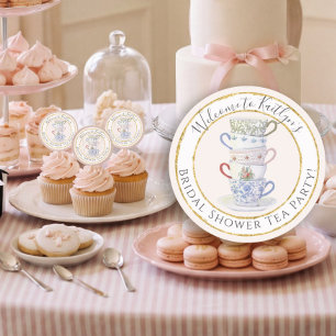 Tea Party Modern Heritage Watercolor Bröllopsdusch Runt Klistermärke
