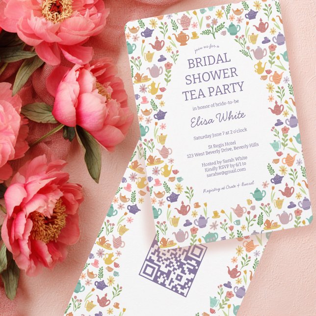 Tea Party Möhippa Cute ANPASSNINGSBAR QR-kod Inbjudningar (Tea Party Bridal Shower Cute CUSTOM QR Code Invitation
)