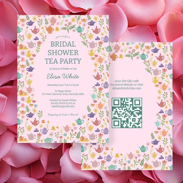 Tea Party Möhippa Cute ANPASSNINGSBAR QR-kod Inbjudningar (Tea Party Bridal Shower Cute CUSTOM QR Code Invitation
)