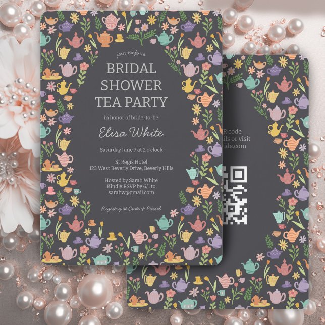 Tea Party Möhippa Cute ANPASSNINGSBAR QR-kod Inbjudningar (Tea Party Bridal Shower Cute CUSTOM QR Code Invitation
)