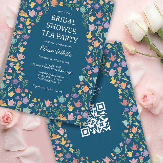Tea Party Möhippa Cute ANPASSNINGSBAR QR-kod Inbjudningar (Tea Party Bridal Shower Cute CUSTOM QR Code Invitation
)