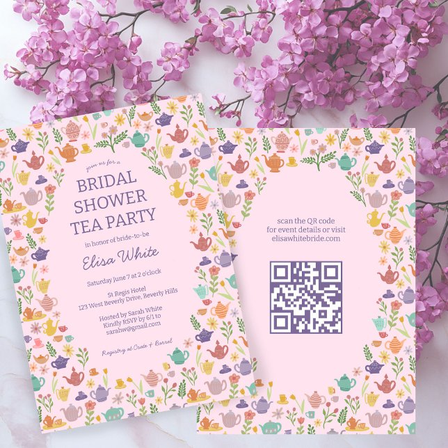 Tea Party Möhippa Cute ANPASSNINGSBAR QR-kod Inbjudningar (Tea Party Bridal Shower Cute CUSTOM QR Code Invitation
)