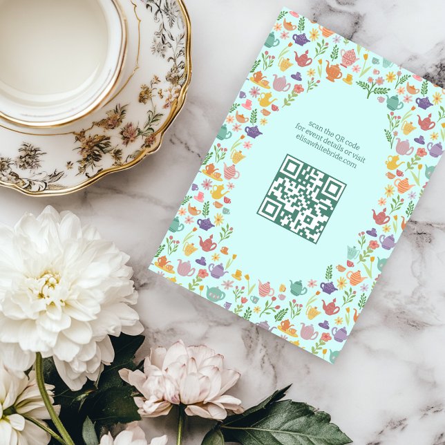 Tea Party Möhippa Cute ANPASSNINGSBAR QR-kod Tilläggskort (Tea Party Bridal Shower Cute CUSTOM QR Code Enclosure Card
)