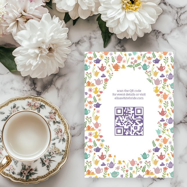 Tea Party Möhippa Cute ANPASSNINGSBAR QR-kod Tilläggskort (Tea Party Bridal Shower Cute CUSTOM QR Code Enclosure Card
)