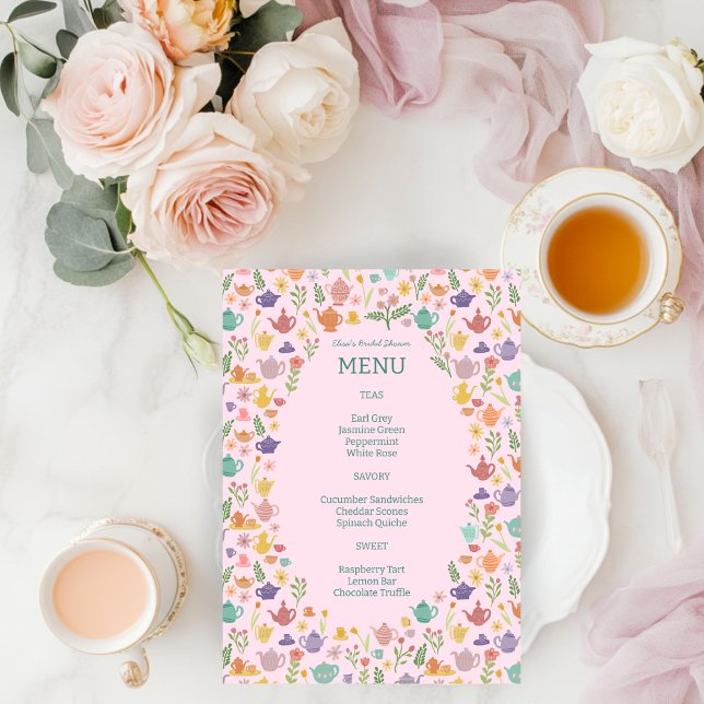 Tea Party Möhippa Cute Colorful ANPASSNINGSBAR Meny (Tea Party Bridal Shower Cute Colorful CUSTOM Menu
)