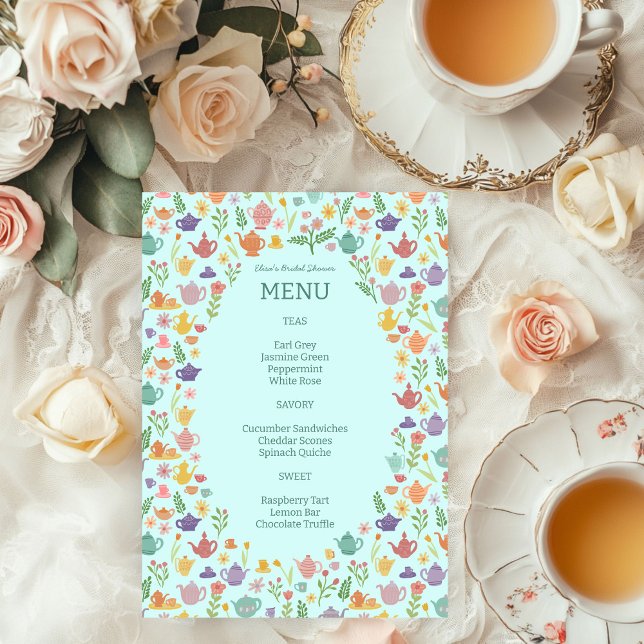 Tea Party Möhippa Cute Colorful ANPASSNINGSBAR Meny (Tea Party Bridal Shower Cute Colorful CUSTOM Menu
)