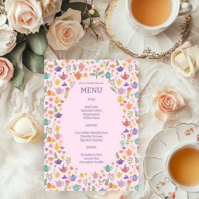 Tea Party Möhippa Cute Colorful ANPASSNINGSBAR Meny (Tea Party Bridal Shower Brunch Wedding Birthday Party Cute Colorful CUSTOM Menu
)