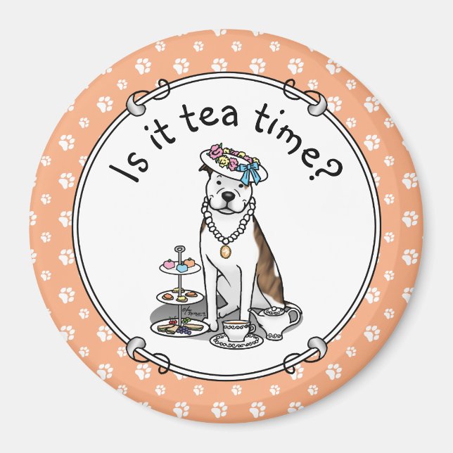 Tea Party Pit Bull (lt brindle white 3), söt hund Magnet (Framsidan)