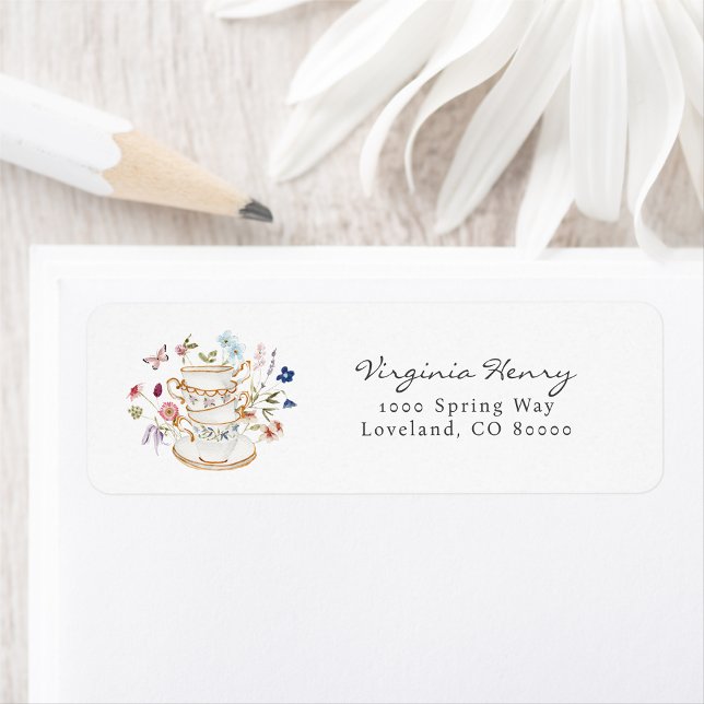 Tea Party Returadressetikett Returadress Etikett (Floral Tea Party Return Address Label by Painted Paperie
)
