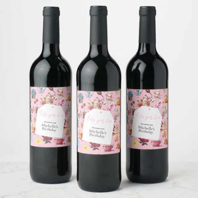 Tea Party Rosa Trädgård Blommig Mönster Födelsedag Vinflaska Etikett (Flaskor)