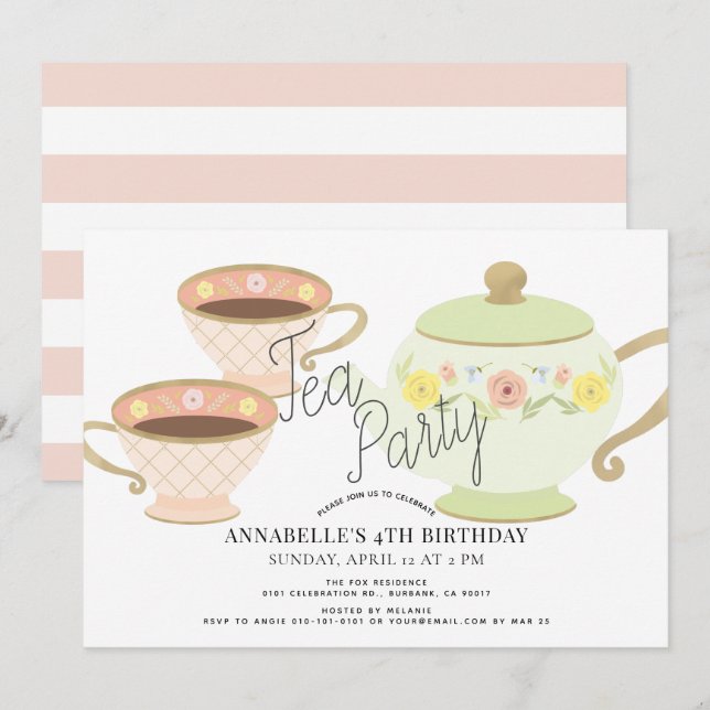 Tea Party Tea Pot & Kopp Girl Birthday Inbjudningar (Fram/baksida)