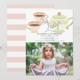 Tea Party Tea Pot & Kopp Girl Birthday Photo Inbjudningar