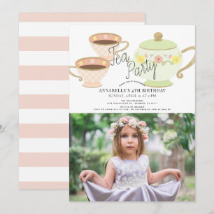 Tea Party Tea Pot & Kopp Girl Birthday Photo Inbjudningar
