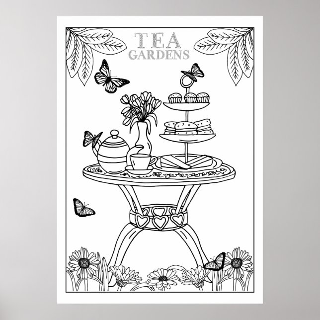 Tea Party Teatime English Garden DIY Coloring Poster (Framsidan)