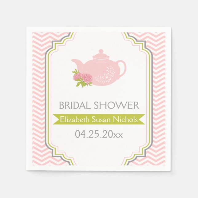 Tea party tekanna, schevrons rosa, grönt bröllop pappersservett (Framsidan)