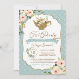 Tea Party Turcoise Blue  Blommigt Baby Shower Inbjudningar