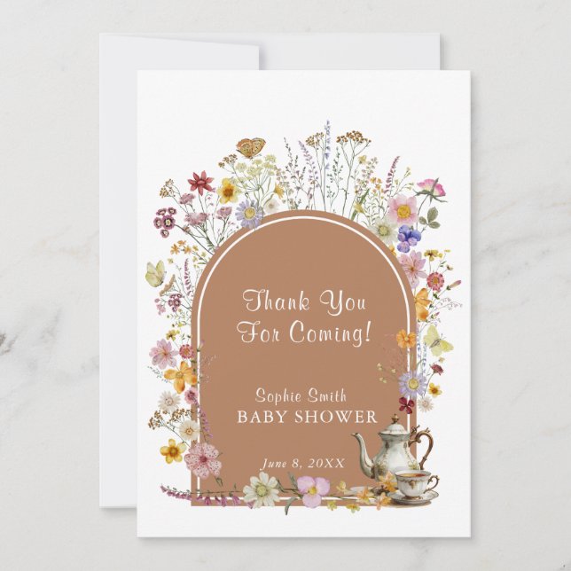 Tea Party Wildblomma Baby in Bloom Baby Shower Tack Kort (Framsida)