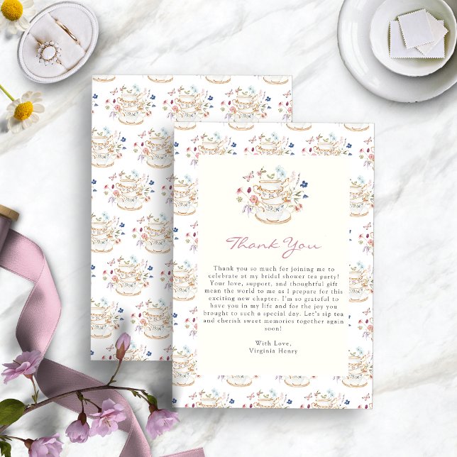 Tea Party Wildflower Bröllopsdusch Tack Kort (Tea Party Wildflower Bridal Shower Thank You Card by Painted Paperie
)