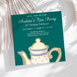 Tea Pot med enkel Elegant | Teal Birthday Tea Part Inbjudningar