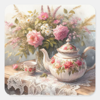 Tea Pot och Kopp med Rosa Flowers Sticker Fyrkantigt Klistermärke