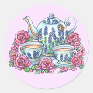 Tea Pot och Rosor Runt Klistermärke