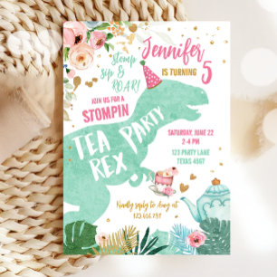 Tea Rex Dinosaur Par-Tea Rosa Mint Guld Birthday Inbjudningar