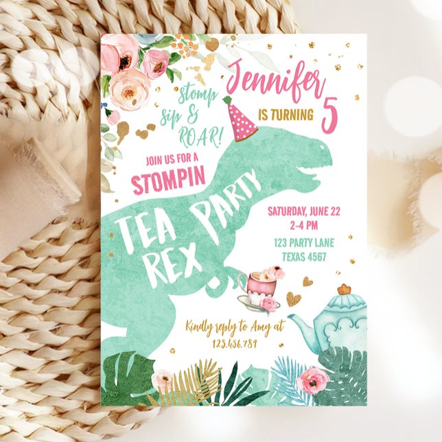 Tea Rex Dinosaur Par-Tea Rosa Mint Guld Birthday Inbjudningar (Skapare uppladdad)