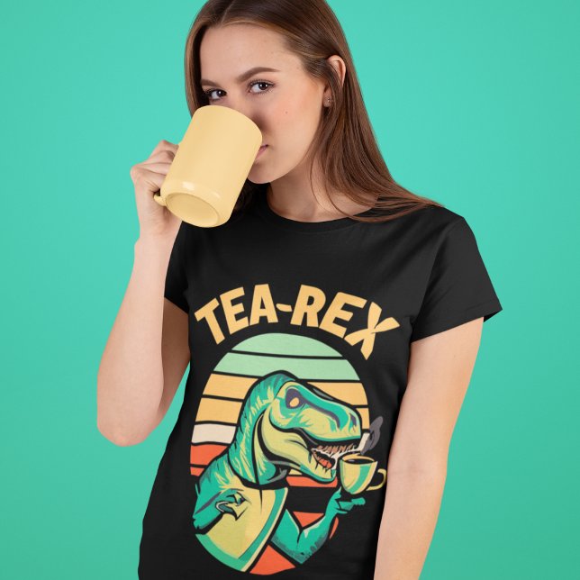 Tea-Rex T Shirt (Tea-Rex T-shirt on Woman Drinking from a Yellow Mug)