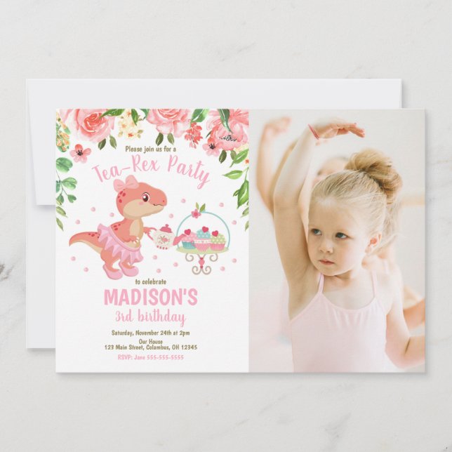 Tea-Rex Tutu Party Dinosaur 3rd Birthday Photo Inbjudningar (Framsida)