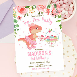 Tea-Rex Tutu Party Dinosaur Flicka Rosa 3-års Föde Inbjudningar