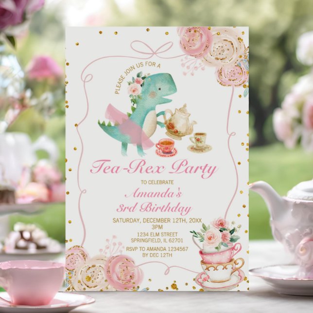 Tea-Rex Tutu Party Dinosaur Girl Rosa 3:e födelsed Inbjudningar (Skapare uppladdad)