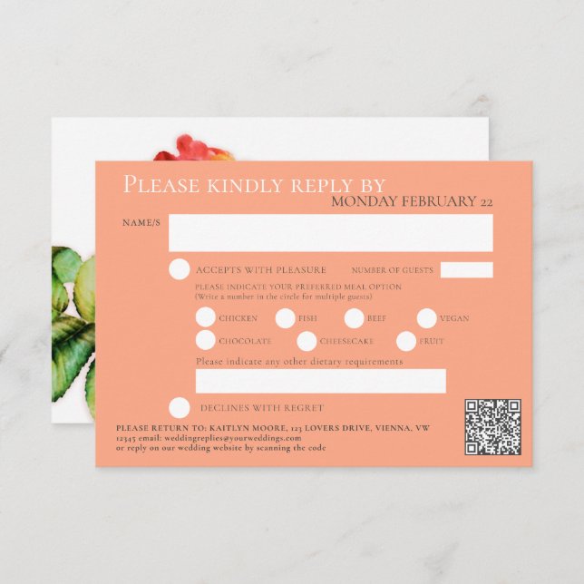 Tea ro vattenfärgen bröllop QR-koden måltider oran OSA Kort (Fram/baksida)