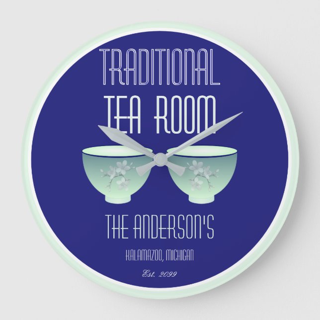 Tea Room Sign Elegant Hand plockade Flowered Tekop Stor Klocka (Framsida)