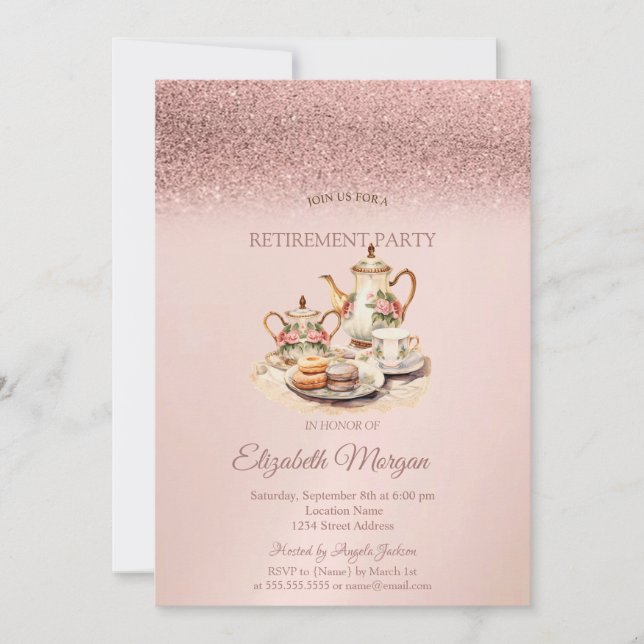 Tea Service Rose Gold Glitter Retirement  Inbjudningar (Framsida)