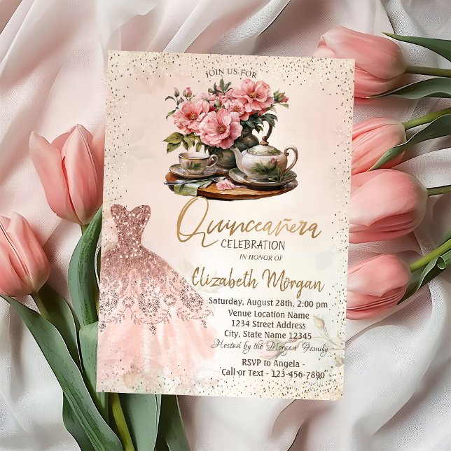 Tea Set Rosa Guldklänning Konfetti Quinceañera Inbjudningar (Skapare uppladdad)