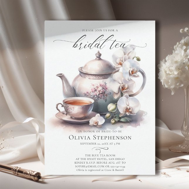 Tea Shower för vit Orchid Elegant Set Möhippa Clas Inbjudningar (bridal tea party white orchid elegant modern classic watercolor romantic sophisticated classy)