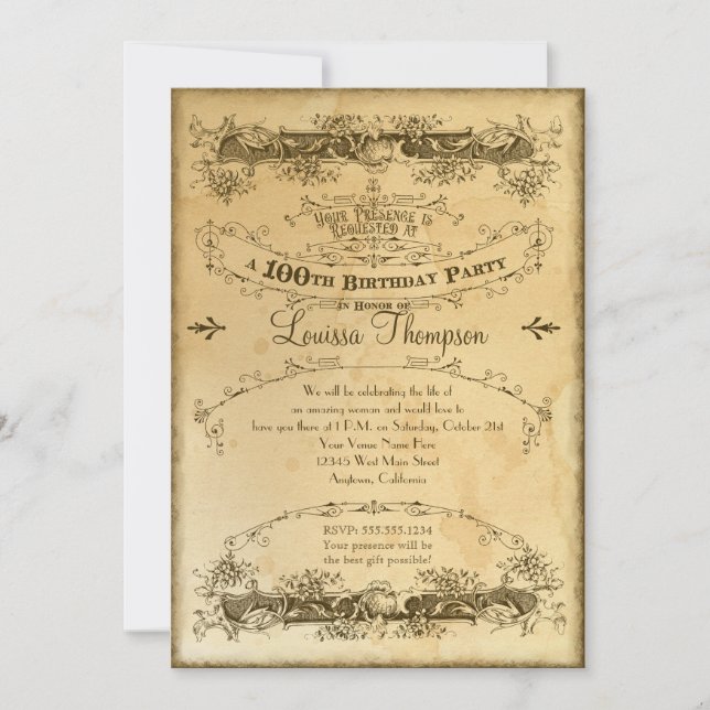 Tea Stained Vintage 100-årsfirande Inbjudningar (Framsida)