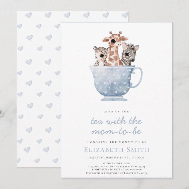 Tea Time Baby djur Blue Boy Baby Shower i Party Inbjudningar (Fram/baksida)