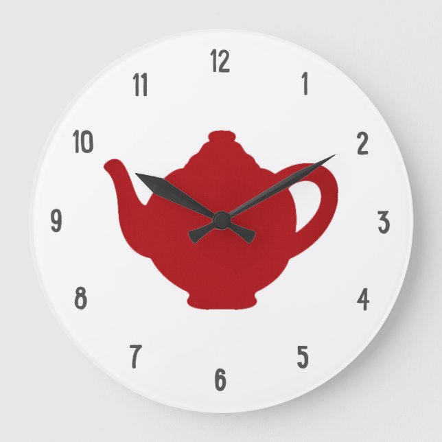 Tea Time Clock, modern röd tekanna Stor Klocka (Framsida)