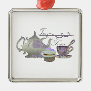 Tea Time! Lila tekanna-, tekopp- och muffinkonst Julgransprydnad Metall