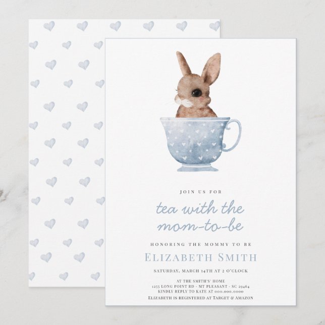 Tea Time Party Cute Bunny Blue Boy Shower Inbjudningar (Fram/baksida)