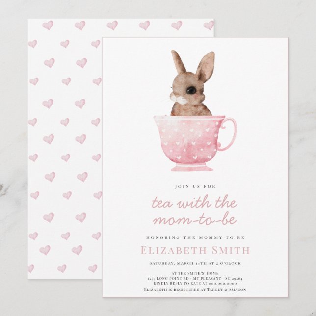 Tea Time Party Cute Bunny Rosa Girl Baby Shower Inbjudningar (Fram/baksida)